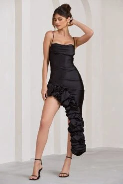 Florence | Black Satin Asymmetric Ruffle Cowl Midi Dress -ENY Clothing Shop WB BR CL129436002 FlorenceBlackSatinAsymmetricRuffleCowlMidiDress4