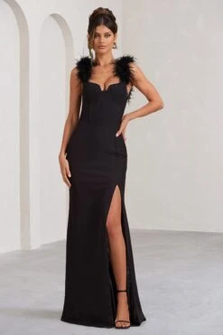 Lily | Black Feather Shoulder Corset Style Maxi Dress