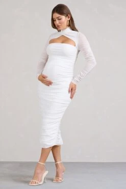 Lady In Waiting | White Ruched Mesh Long-Sleeved Maternity Midi Dress 10 Lady In Waiting | White Ruched Mesh Long-Sleeved Maternity Midi Dress -ENY Clothing Shop WB BR CL129550005 LadyInWaitingWhiteRuchedMeshLong SleevedMaternityMidiDress3