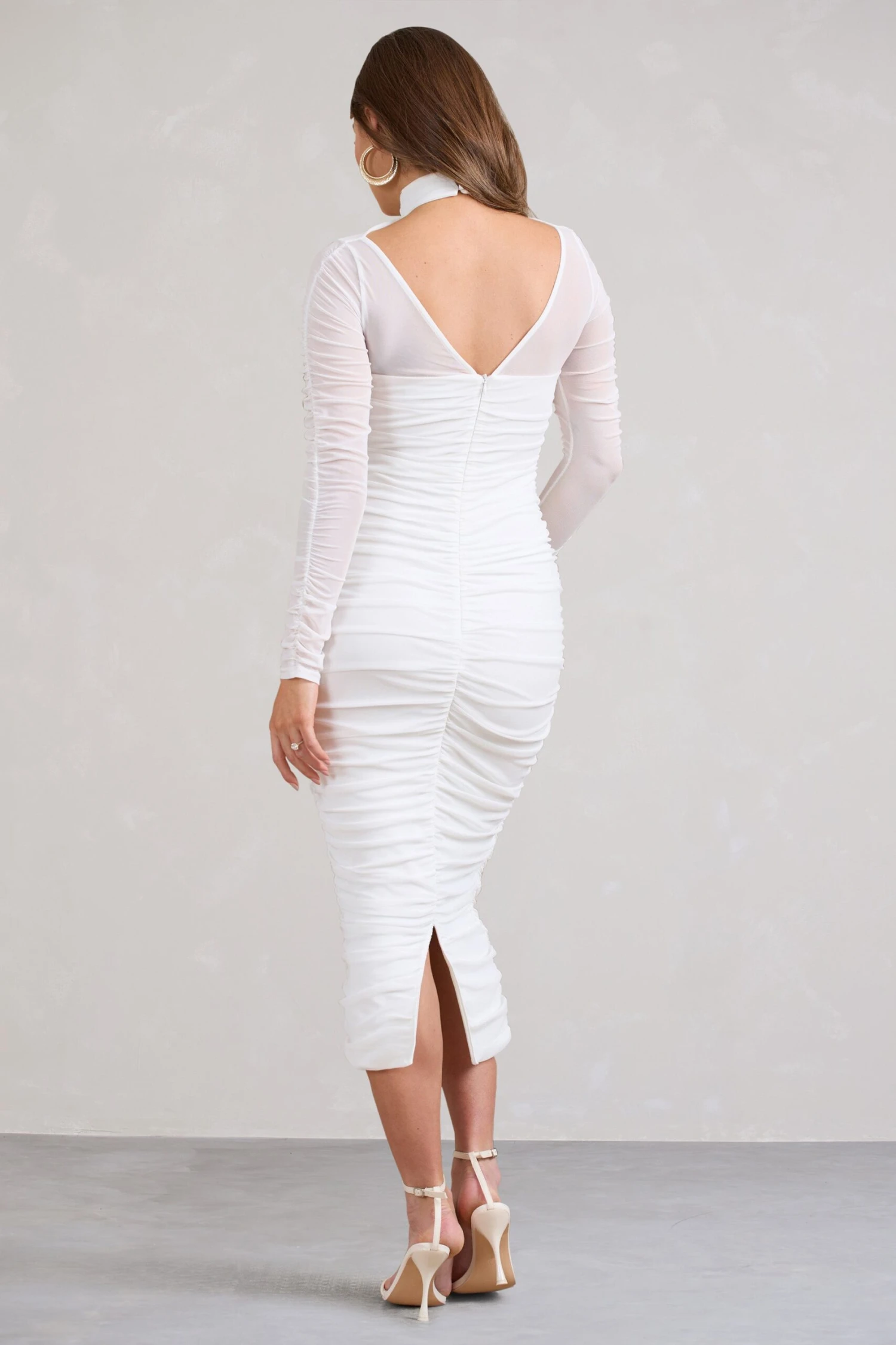 Lady In Waiting | White Ruched Mesh Long-Sleeved Maternity Midi Dress 4 Lady In Waiting | White Ruched Mesh Long-Sleeved Maternity Midi Dress - Image 2
