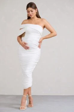 Cici | White Asymmetric Ruched Maternity Midi Dress -ENY Clothing Shop WB BR CL129552005 CiciWhiteAsymmetricRuchedMaternityMidiDress1