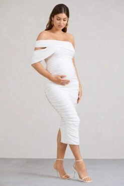 Cici | White Asymmetric Ruched Maternity Midi Dress -ENY Clothing Shop WB BR CL129552005 CiciWhiteAsymmetricRuchedMaternityMidiDress3