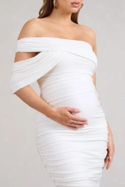 Cici | White Asymmetric Ruched Maternity Midi Dress -ENY Clothing Shop WB BR CL129552005 CiciWhiteAsymmetricRuchedMaternityMidiDress5
