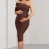 Cici | Brown Asymmetric Ruched Maternity Midi Dress