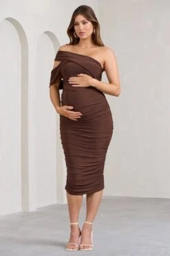 Cici | Brown Asymmetric Ruched Maternity Midi Dress -ENY Clothing Shop WB BR CL129552067 CiciBrownAsymmetricRuchedMaternityMidiDress2