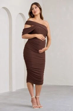 Cici | Brown Asymmetric Ruched Maternity Midi Dress -ENY Clothing Shop WB BR CL129552067 CiciBrownAsymmetricRuchedMaternityMidiDress3