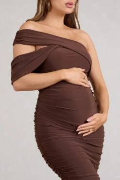 Cici | Brown Asymmetric Ruched Maternity Midi Dress -ENY Clothing Shop WB BR CL129552067 CiciBrownAsymmetricRuchedMaternityMidiDress4