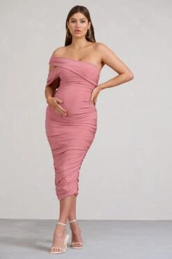 Cici | Blush Pink Asymmetric Ruched Maternity Midi Dress -ENY Clothing Shop WB BR CL129552081 CiciBlushPinkAsymmetricRuchedMaternityMidiDress0