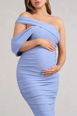 Cici | Powder Blue Asymmetric Ruched Maternity Midi Dress -ENY Clothing Shop WB BR CL129552101 CiciPowderBlueAsymmetricRuchedMaternityMidiDress4