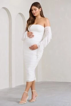 Aroma | White Ruched Mesh Maternity Midi Dress With Ruffled Sleeves 11 Aroma | White Ruched Mesh Maternity Midi Dress With Ruffled Sleeves -ENY Clothing Shop WB BR CL129553005 AromaWhiteRuchedMeshMaternityMidiDressWithRuffledSleeves0