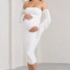 Aroma | White Ruched Mesh Maternity Midi Dress With Ruffled Sleeves