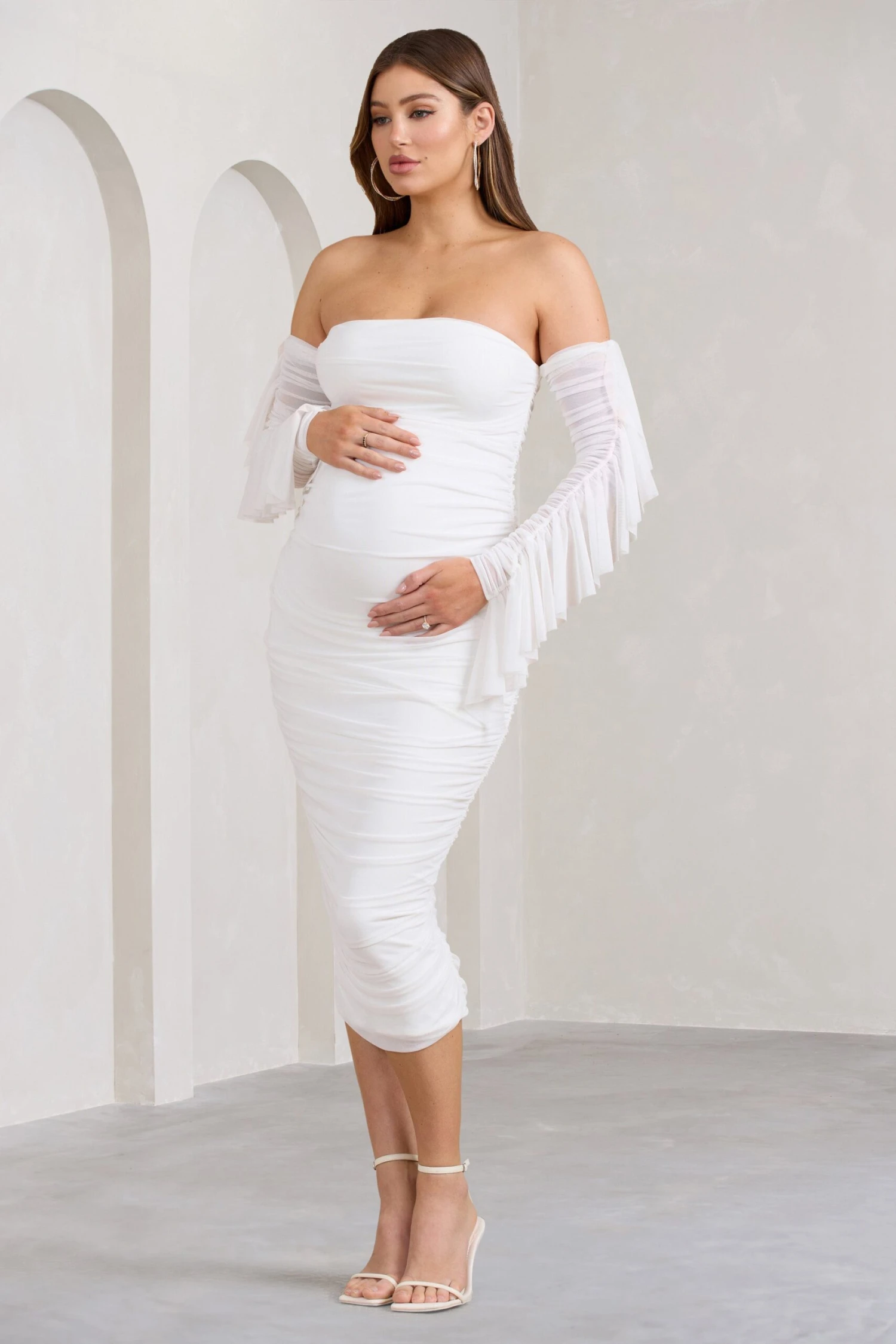 Aroma | White Ruched Mesh Maternity Midi Dress With Ruffled Sleeves 3 Aroma | White Ruched Mesh Maternity Midi Dress With Ruffled Sleeves