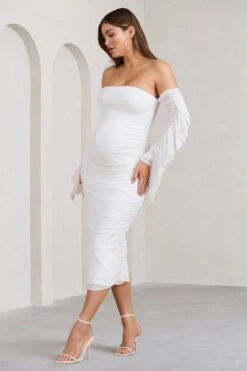 Aroma | White Ruched Mesh Maternity Midi Dress With Ruffled Sleeves 10 Aroma | White Ruched Mesh Maternity Midi Dress With Ruffled Sleeves -ENY Clothing Shop WB BR CL129553005 AromaWhiteRuchedMeshMaternityMidiDressWithRuffledSleeves2
