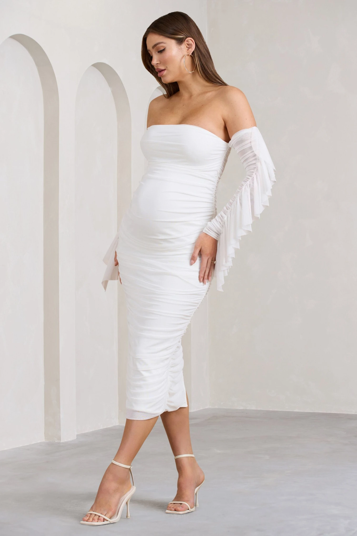 Aroma | White Ruched Mesh Maternity Midi Dress With Ruffled Sleeves 6 Aroma | White Ruched Mesh Maternity Midi Dress With Ruffled Sleeves - Image 4