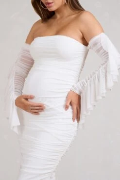Aroma | White Ruched Mesh Maternity Midi Dress With Ruffled Sleeves 9 Aroma | White Ruched Mesh Maternity Midi Dress With Ruffled Sleeves -ENY Clothing Shop WB BR CL129553005 AromaWhiteRuchedMeshMaternityMidiDressWithRuffledSleeves3