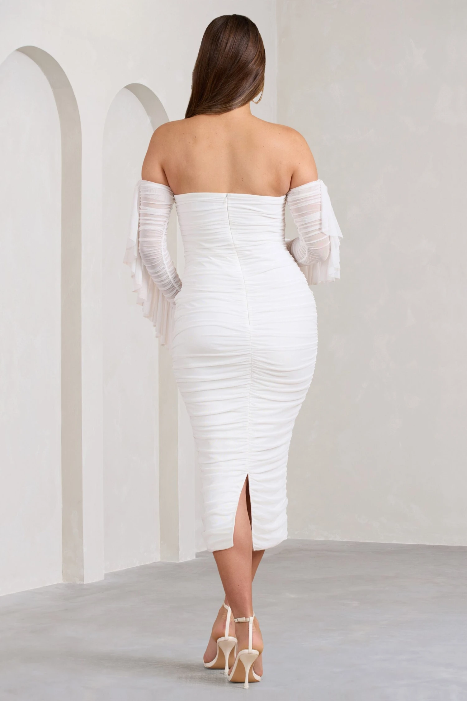 Aroma | White Ruched Mesh Maternity Midi Dress With Ruffled Sleeves 4 Aroma | White Ruched Mesh Maternity Midi Dress With Ruffled Sleeves - Image 2