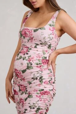 Lisbon | Pink Floral Maternity Square Neck Ruched Midi Dress -ENY Clothing Shop WB BR CL129555146 LisbonPinkFloralMaternitySquareNeckRuchedMidiDress4