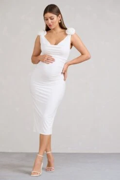 Rosy | White Cowl-Neck Maternity Midi Dress With Flowers -ENY Clothing Shop WB BR CL129556005 RosyWhiteCowl NeckMaternityMidiDressWithFlowers0