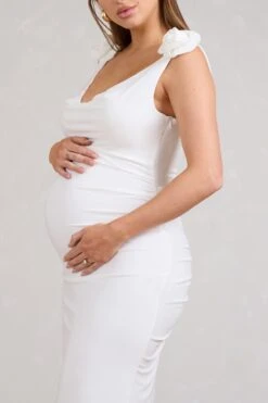 Rosy | White Cowl-Neck Maternity Midi Dress With Flowers -ENY Clothing Shop WB BR CL129556005 RosyWhiteCowl NeckMaternityMidiDressWithFlowers3