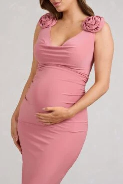 Rosy | Pink Cowl-Neck Maternity Midi Dress With Flowers -ENY Clothing Shop WB BR CL129556081 RosyPinkCowl NeckMaternityMidiDressWithFlowers4