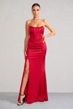 Sensual Notes | Red Satin Strapless Corset Thigh Split Fishtail Maxi Dress -ENY Clothing Shop WB BR HR CL127453 SensualNotesRedSatinStraplessCorsetThighSplitFishtailMaxiDress0