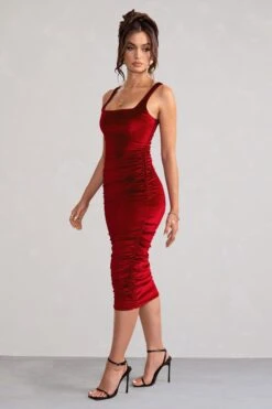 Beauty | Berry Velvet Square Neck Bodycon Midi Dress -ENY Clothing Shop WB BR HR CL127625 BeautyBerryVelvetSquareNeckBodyconMidiDress2