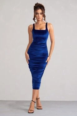 Beauty | Royal Blue Velvet Square Neck Bodycon Midi Dress -ENY Clothing Shop WB BR HR CL127625 BeautyBlueVelvetSquareNeckBodyconMidiDress0