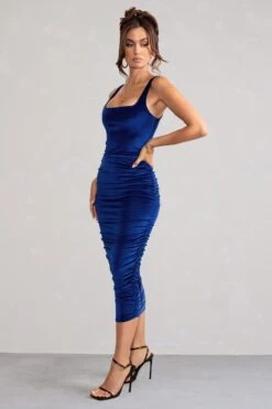 Beauty | Royal Blue Velvet Square Neck Bodycon Midi Dress -ENY Clothing Shop WB BR HR CL127625 BeautyBlueVelvetSquareNeckBodyconMidiDress2