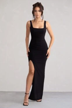 Kate | Black Square Neck Maxi Dress With Plunge Back And Side Thigh Split -ENY Clothing Shop WB BR HR CL127639 KateBlackSquareNeckMaxiDresswithPlungeBackandSideThighSplit1