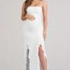 Susan | White Maternity Bandeau Ruffle Maxi Dress With Thigh Splits -ENY Clothing Shop WB BR HR CL128484098 SusanWhiteMaternityBandeauRuffleMaxiDressWithThighSplits0