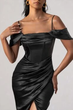 Deserving | Black Satin Bardot Sleeve Corset Wrap Midi Dress -ENY Clothing Shop WB BR NEW CL127461 DeservingBlackSatinBardotSleeveCorsetWrapMidiDress3