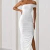 Celine | White Asymmetric One Shoulder Ruched Maxi Dress With Curved Cut Out