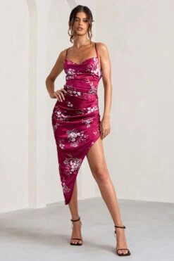 Risk It All | Berry Floral Print Cami Cowl Neck Satin Asymmetric Hem Midi Dress -ENY Clothing Shop WB BR WB CL126039 RiskItAllBerryFloralPrintCowlNeckAsymmetricHemDress1