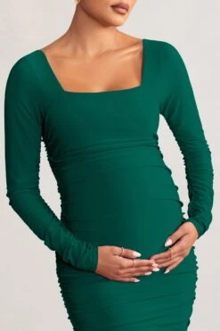 New Life | Bottle Green Maternity Square Neck Ruched Midi Dress -ENY Clothing Shop WB BR WB CL127156047 NewLife BottleGreenMaternitySquareNeckRuchedMidiDress4