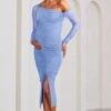 Sweet Dreams | Powder Blue Maternity Asymmetric Ruched Midi Dress -ENY Clothing Shop WB CC BR CL125303 PowderBlueSweetDreamsMaternityRuchedSheerSleeveMaxiDress0