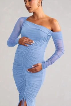 Sweet Dreams | Powder Blue Maternity Asymmetric Ruched Midi Dress -ENY Clothing Shop WB CC BR CL125303 PowderBlueSweetDreamsMaternityRuchedSheerSleeveMaxiDress2