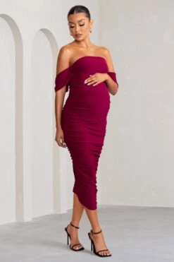 Plus One | Berry Maternity Ruched Bardot Midi Dress -ENY Clothing Shop WB CC BR CL126180 RuchedBardotMidiDress1