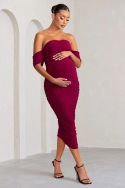 Plus One | Berry Maternity Ruched Bardot Midi Dress -ENY Clothing Shop WB CC BR CL126180 RuchedBardotMidiDress2