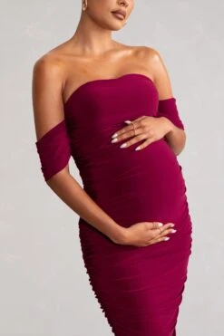 Plus One | Berry Maternity Ruched Bardot Midi Dress -ENY Clothing Shop WB CC BR CL126180 RuchedBardotMidiDress3