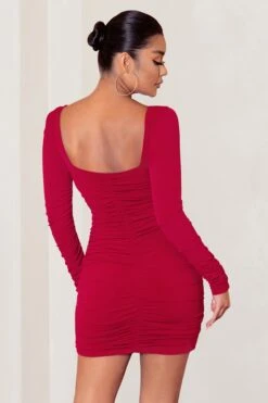 Muse | Red Long Sleeve Square Neck Ruched Mini Dress -ENY Clothing Shop WB CC BR CL126709 RED Long Sleeve Square Neck Ruched Mini Dress 5