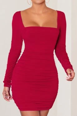 Muse | Red Long Sleeve Square Neck Ruched Mini Dress -ENY Clothing Shop WB CC BR CL126709 red Long Sleeve Square Neck Ruched Mini Dress 1 detail
