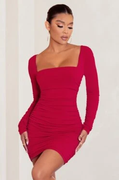 Muse | Red Long Sleeve Square Neck Ruched Mini Dress -ENY Clothing Shop WB CC BR CL126709 redLong Sleeve Square Neck Ruched Mini Dress 2