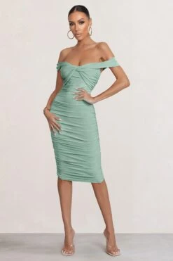 Gratitude | Sage Off The Shoulder Ruched Midi Dress -ENY Clothing Shop WB CC BR CL127088 GratitudeSageOffShoulderRuchedMidiDress3