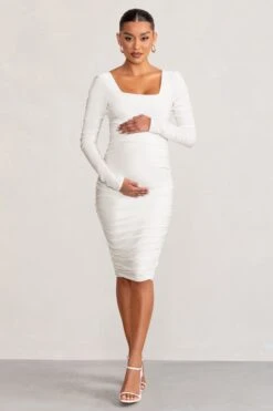 New Life | White Maternity Square Neck Ruched Midi Dress -ENY Clothing Shop WB CC BR CL127156 NewLifeWhiteMaternitySquareNeckRuchedMidiDress2