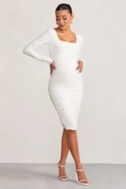 New Life | White Maternity Square Neck Ruched Midi Dress -ENY Clothing Shop WB CC BR CL127156 NewLifeWhiteMaternitySquareNeckRuchedMidiDress3