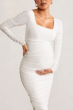 New Life | White Maternity Square Neck Ruched Midi Dress -ENY Clothing Shop WB CC BR CL127156 NewLifeWhiteMaternitySquareNeckRuchedMidiDress4