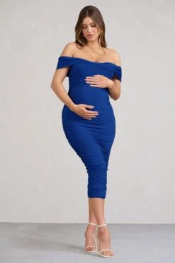 Perfection | Cobalt Blue Off Shoulder Ruched Maternity Midi Dress -ENY Clothing Shop WB CC BR CL127157061 GratitudeCobaltBlueOffShoulderRuchedMaternityMidiDress4