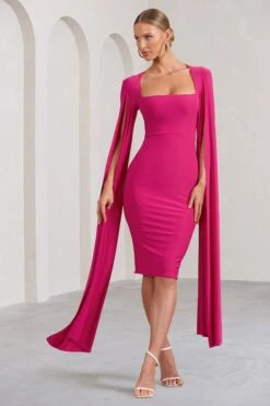 Flawless | Hot Pink Square Neck Midi Dress With Cape Sleeves -ENY Clothing Shop WB CC BR CL127209073 Flawless HotPinkSquareNeckMidiDressWithCapeSleeves2 3a365bf3 42c0 4233 9101 d2db6f6f5c74