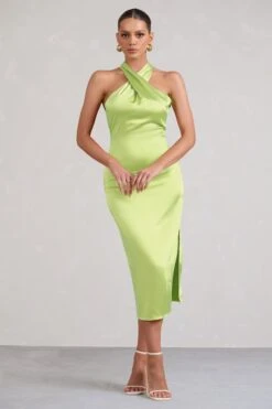 Dazzling | Lime Satin Cross Over Halter Neck Midi Dress -ENY Clothing Shop WB CC BR CL127233 limeCrossOverHalterNeckMidiDress2