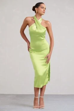 Dazzling | Lime Satin Cross Over Halter Neck Midi Dress -ENY Clothing Shop WB CC BR CL127233 limeCrossOverHalterNeckMidiDress5